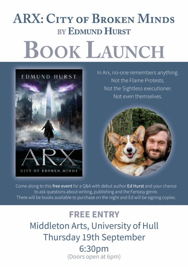 Poster showing details for the launch event of Edmund Hurst's 