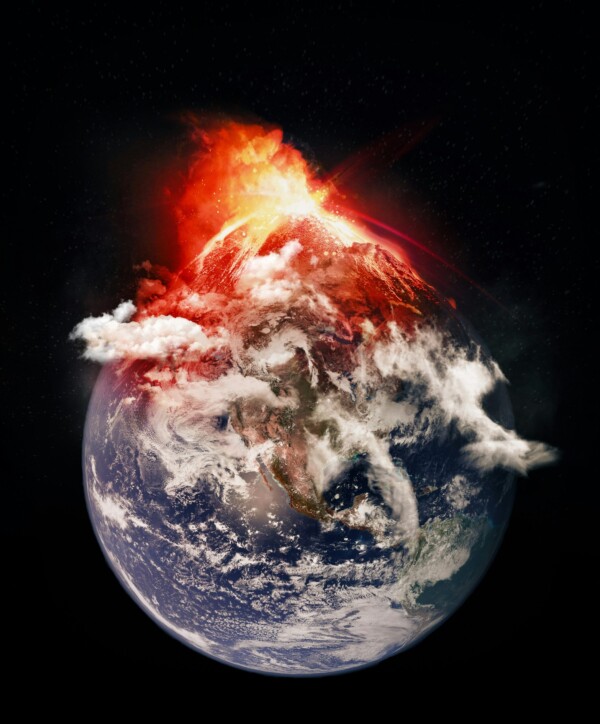An image of the Earth with a giant volcano on top of it as seen from space