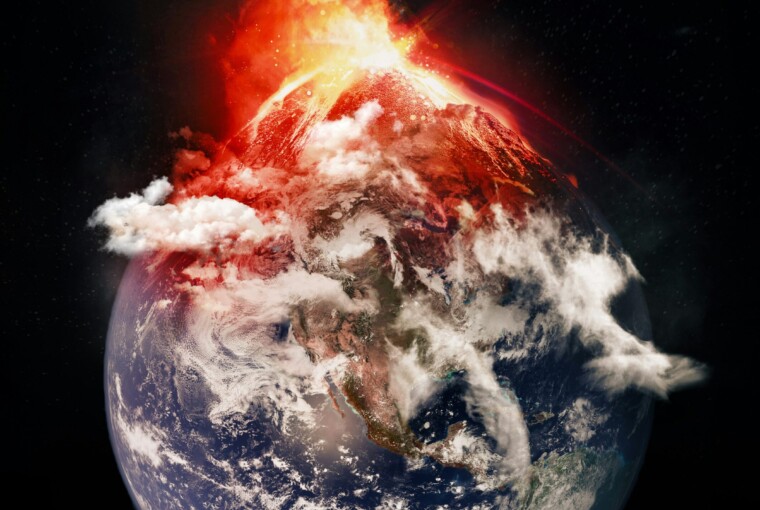 An image of the Earth with a giant volcano on top of it as seen from space
